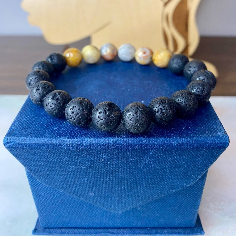 Handmade Unisex Crazy Lace Agate Lava Bead Bracelet 10mm - Picture 7 of 8